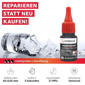 Reparieren statt neu kaufen! Eigenschaften: Spaltfüllvermögen bis 0,05 mm. Handfest in 3 Sekunden. Zugscherfestigkeit 21 MPa. Materialeignung: universal.